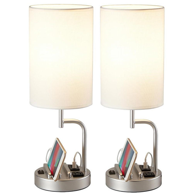 Dreamholder Table Lamp with 3 USB Charging Ports, Modern Desk Lamp with AC Outlet and Phone Stands, Perfect Bedside Lamp for Bedroom, Living Room, Office (Pack of 2), Silver