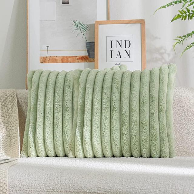 DEELAND Pack of 2 Faux Fur Plush Decorative Throw Pillow Covers Fuzzy Striped Soft Pillowcase Cushion Covers for Sofa Couch Bedroom 16x16 inch