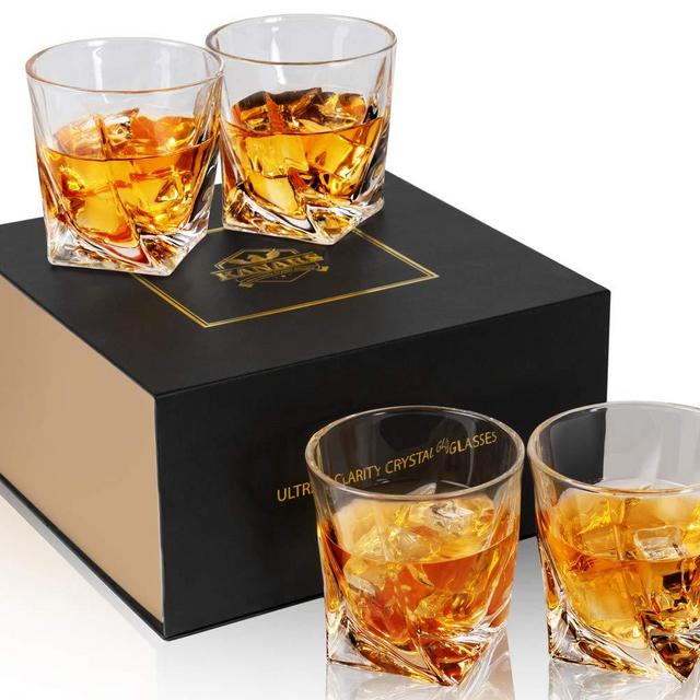KANARS Crystal Whiskey Glass For Scotch or Bourbon With Luxury Gift Box - On The Rock - Old Fashioned Lowball Tumblers For Cocktail Or Irish Whisky, Set Of 4