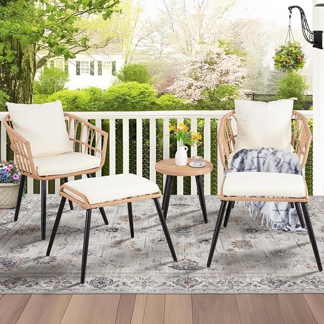 PORWEY 5 Piece Patio Bistro Set with Ottoman, Outdoor Wicker Apartment Balcony Furniture Sets, Rattan Table and Chairs Set of 2 for Porch Backyard Deck, Yellow,Beige