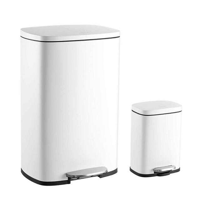 happimess HPM1006C Step-Open Steel Pedal and Soft-Close Lid Free Mini Garbage Bin for Home, Office, Kitchen Trash Can, Large:12.98 Gallon Small:1.3 Gallon, White