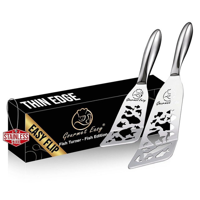 Stainless Steel Fish Spatula Set – Funky Fish Edition, 1 Large Fish Turner + 1 Small Metal Spatula, Ultra Thin Edge for Easy Turning & Flipping, Ergonomic Non-Slip Handle, Dishwasher Safe
