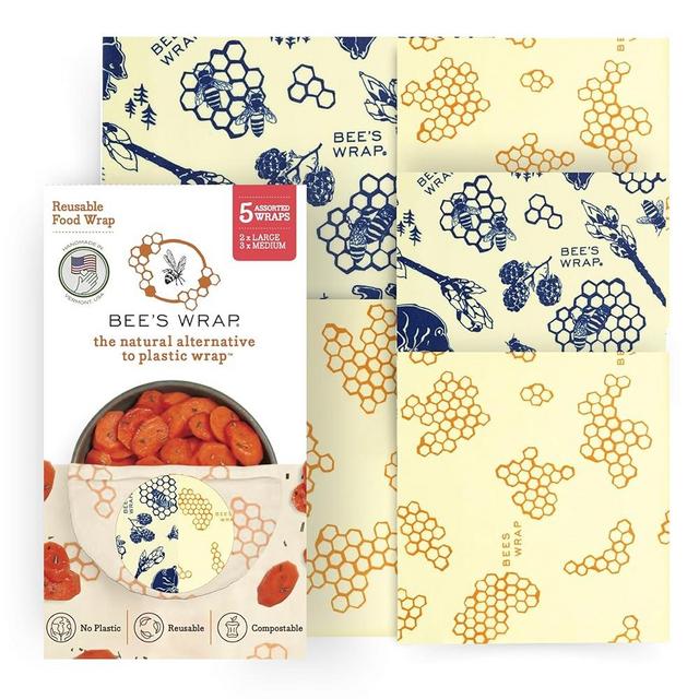 Bee's Wrap Beeswax Wraps for Food - Honeycomb & Bees + Bears Assorted 5 Pack (2L, 3M) Made in USA Reusable & Organic Food Wraps & Bowl Covers - Eco-Friendly Alternative to Aluminum Foil & Plastic Wrap