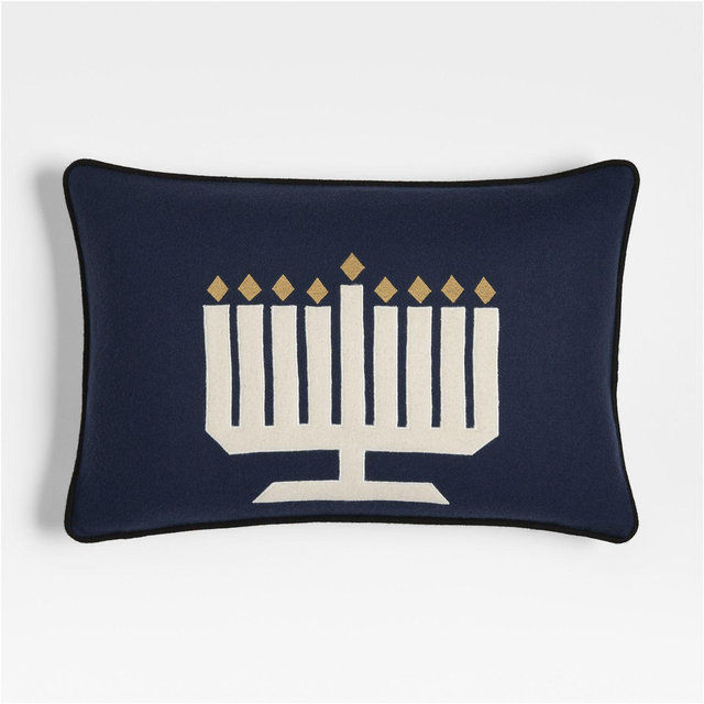 Menorah 22"x15" Deep Indigo Blue Multi Throw Pillow by Joan Anderson with Feather Insert