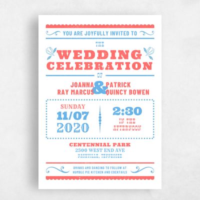 Coral, Pink Wedding Invitation - Festival Print