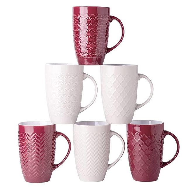 AmorArc Large Coffee Mugs Set of 6, 20oz Ceramic Tall Coffee Mugs Set with Textured Geometric Patterns for Coffee/Tea /Beer/Hot Cocoa, Dishwasher & Microwave Safe, Beige&Burgundy