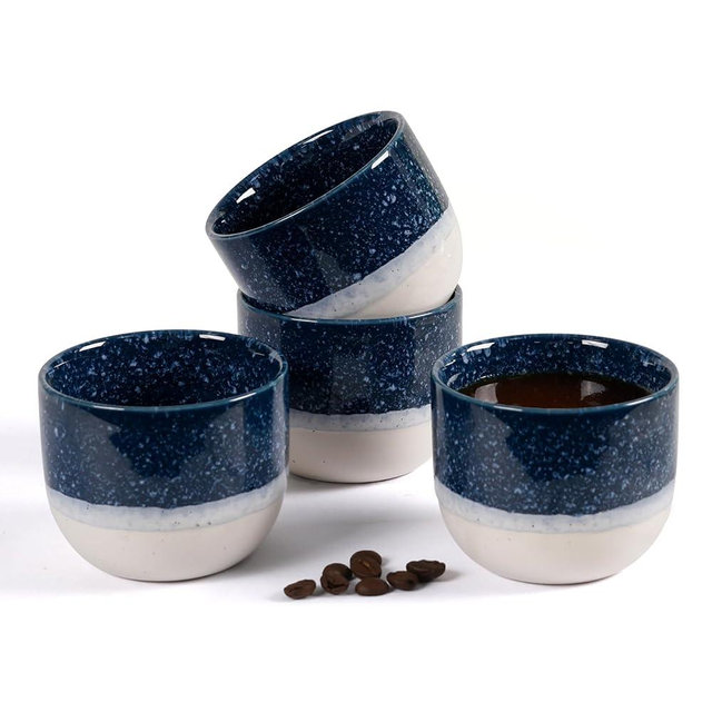 ZEBERBO Ceramic Espresso Cups Set of 4, Double Walled Espresso Coffee Mugs for Nespresso Cups, Special glazed Demitasse Cups Coffee Cup for Machine (Blue)
