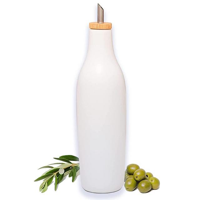 Grace Homewares Olive Oil Dispenser Bottle Stoneware Ceramic for EVOO or Vinegar | Modern Design | Large Capacity 16.9 ounce | Oil Container | White