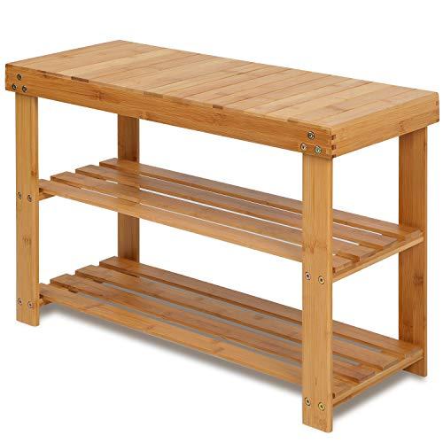 Bamboo Shoe Rack Bench, 3-Tier Shoe Shelf Organizer Holds up to 220 lbs, Entryway Storage Bench Ideal for Hallway Bathroom Living Room by Pipishell