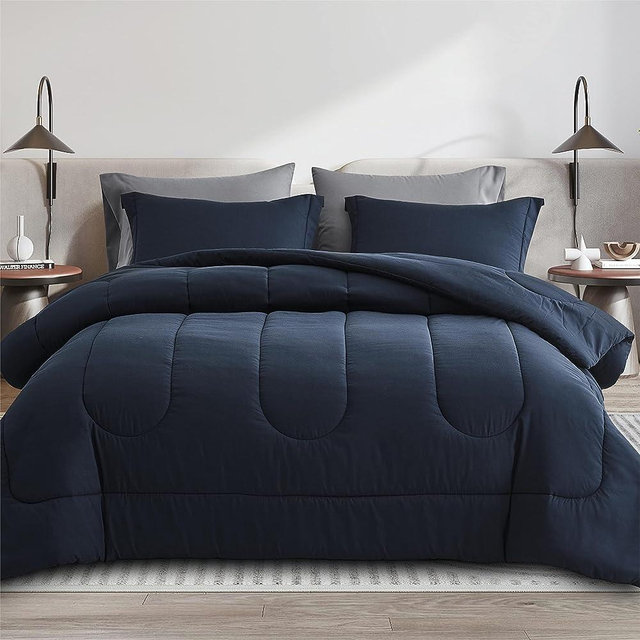 Maple&Stone Queen Size Comforter Set 7 Pieces Bed in a Bag - Down Alternative Bed Set with Sheets, Pillowcases & Shams, Soft Reversible Duvet Insert for Queen Bed, Navy & Dark Grey
