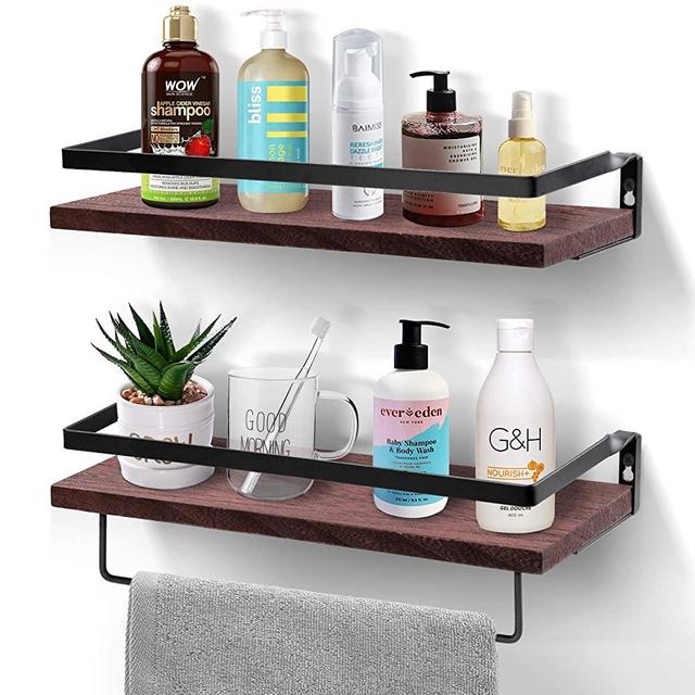 Amada Floating Shelves Decorative Wall Mounted Storage Shelves with Removable Towel Holder Paulownia Wood Set of 2 for Kitchen, Bathroom and Living Room