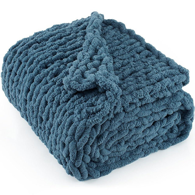 LONG CREATE Chunky Knit Throw Blanket 50"X 60", 100% Handmade with Soft Chenille Yarn, 4.4lbs Thick Cable Knitted Blankets, Large Rope Knot Crochet Throws for Couch Sofa Bed Home Decor, Mineral Blue