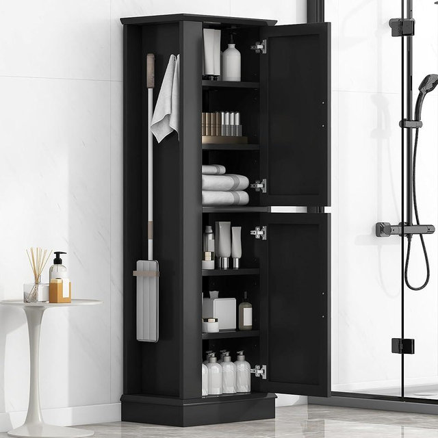 Guxeei Tall Storage Cabinet, Bathroom Floor Freestanding Storage Cabinet with Hook and Adjustable Shelf for Bathroom, Office, Living Room, Black