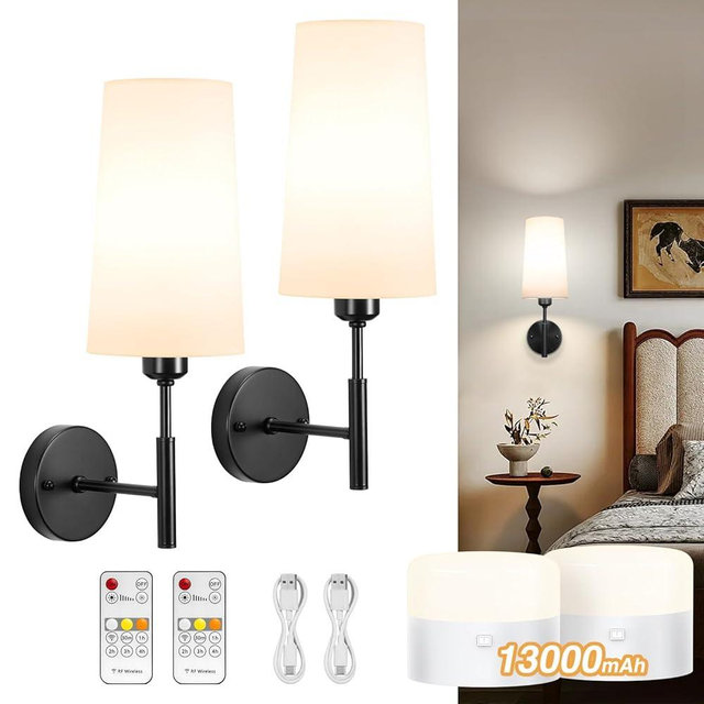 Glitnous Battery Operated Wall Sconce, 13000mAh Wall Sconces Set of Two Battery Operated, Wireless Sconces Set of 2, Rechargeable Wall Sconce with Remote, No Wire Wall Lamp/Light for Bedroom, Black