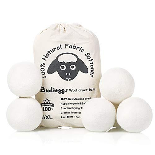 Budieggs Wool Dryer Balls Organic XL 6-Pack, 100% New Zealand Chemical Free Fabric Softener for 1000+ Loads, Baby Safe & Hypoallergenic, Reduce Wrinkles & Shorten Drying Time Naturally