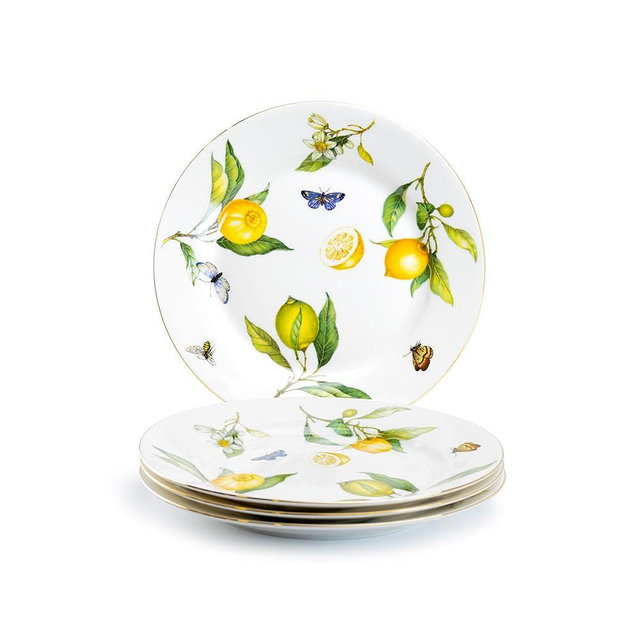 Gracie China by Coastline Imports Gracie China Lemons Butterfly Bee Garden 8 Inch Set of 4 Porcelain Dessert/Salad Plate, Yellow