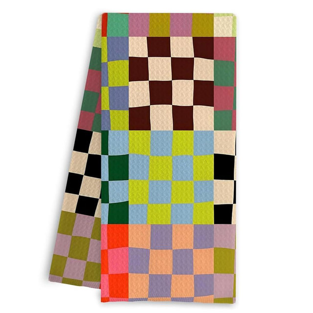 Qpenm Colorful Checkered Hand Towels, Abstract Wavy Checkerboard Grid Decorative Towels for Kitchen Bathroom Gym Spa Bath, Checkered Kitchen Bathroom Decor, 16x24 Inch