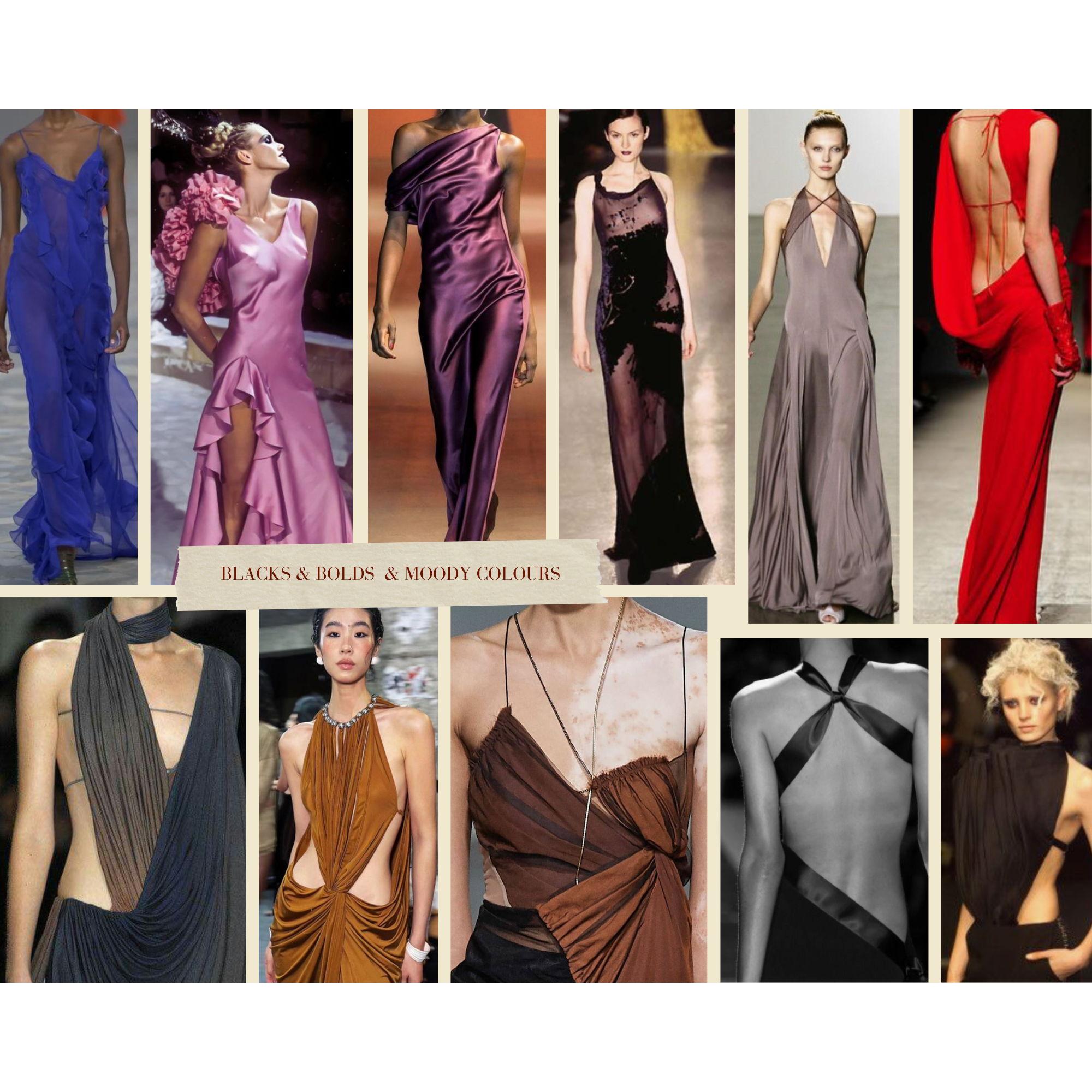 Black & Bold & Moody Colours. Have fun with texture or draping gowns.