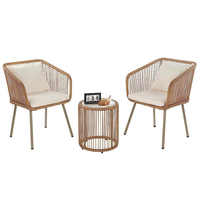 3-Piece Outdoor PE Rattan Bistro Furniture Set Patio Rattan Conversation Set Patio Furniture Set Glass Coffee Table Top and 2 Chairs with Cushions Lumbar Pillows for Yard Garden Porch Bistro, White