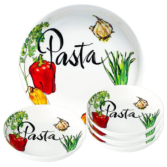 Lorren Home Trends 5 Piece Porcelain Pasta Set Vegetable Design, Multicolor