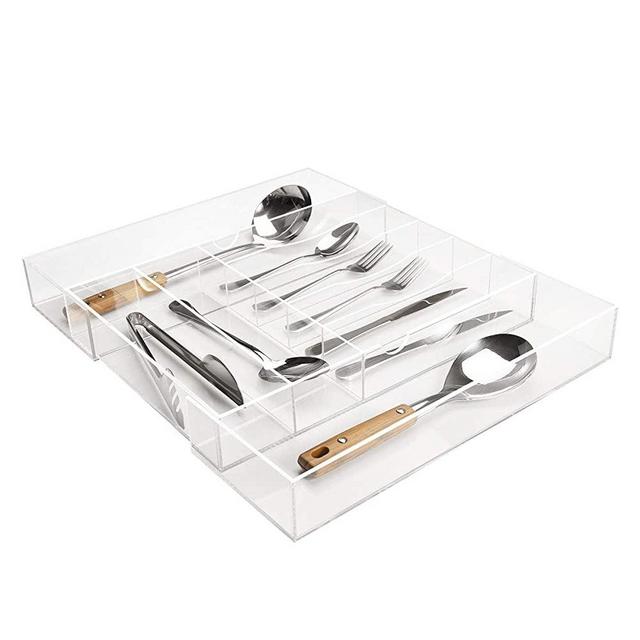 NIUBEE Expandable Kitchen Drawer Organizer for Flatware and Utensils,Clear Acrylic Adjustable Silverware Tray for Drawer,Office,Bathroom Supplies-9 Compartments