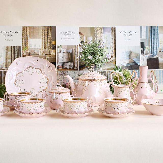 Vintage Pink Porcelain Tea and Cake Set - white flowers painted with 24k gold