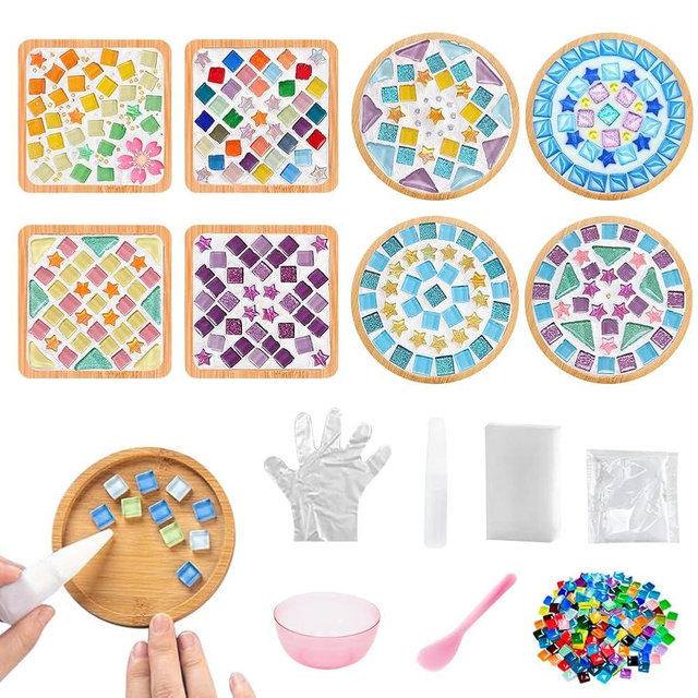 Adboros 8 Sets DIY Glass Mosaic Tiles for Crafts Mixed Color Mosaic Kits with Wooden Coaster for Adults Bamboo Coaster for Drinks Tray Handmade Home Decoration