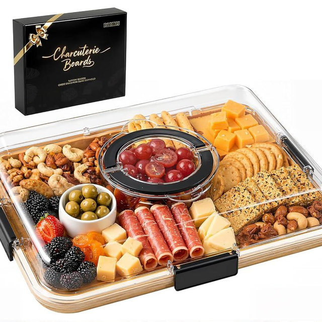 Renmxj Carbonized Charcuterie Board with Clear Lid, Portable Cheese Board Charcuterie Boxes Cutting Boards for Kitchen, House Warming Gifts New Home, Gifts for Women (Carbonized Bamboo, 1 Compartment)