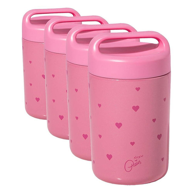 Paris Hilton Stainless Steel Food Jar, Double Wall Vacuum Sealed Insulated Food Storage Container with Carry Handle Lid, 16-Ounce, Pink with Heart Design (Pack of 4)