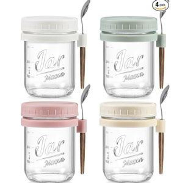 4 Pack Overnight Oats Containers with Lids and Spoons, 16 oz Glass Mason Jars with Airtight Lids, Overnight Oats Jars for Milk, Cereal, Fruit