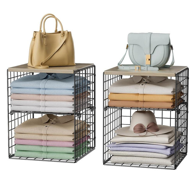 4-Tier Stackable Closet Organizers and Storage, Closet Shelves with Adjustable Dividers & Wood Top for Extra Storage, Clothes Storage Bins, Shelf Basket for Wardrobe, Bedroom