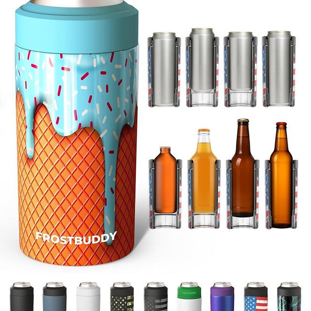 Frost Buddy Universal Can Cooler - Fits all - Stainless Steel Can Cooler for 12 oz & 16 oz Regular or Slim Cans & Bottles - Stainless Steel (Blue Ice Cream)