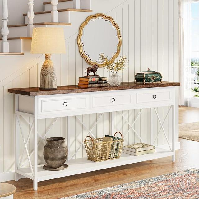 Tribesigns 70.8" Console Table with 3 Drawers, Farmhouse Entryway Table with Storage Shelf, Narrow Long Sofa Foyer Table for Entryway, Hallway (White/Brown)