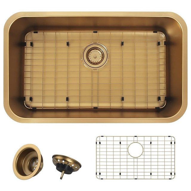 MONSINTA Undermount Kitchen Sink, Stainless Steel Kitchen Sink 3018, Deep Sink, Gold Kitchen Sink, Single Bowl Kitchen Sink with Sink Grid and Sink Drain Assembly, Large Kitchen Sink, PVD Nano Gold