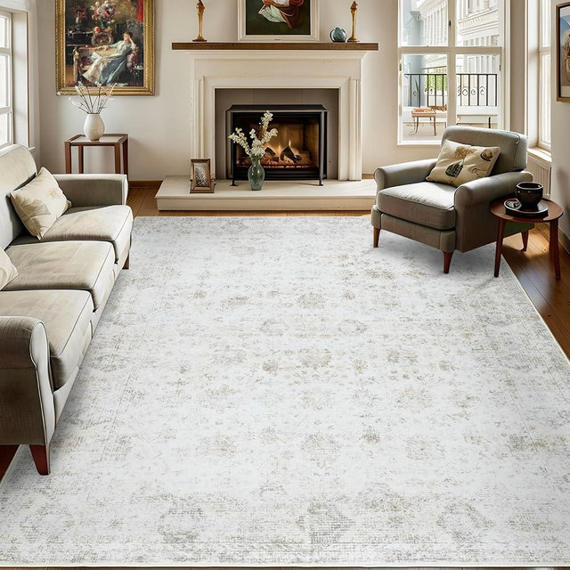 Dotiiorug Washable 9×12 Area Rugs for Living Room, Vintage Floral Rug Soft Non Slip Stain Resistant Boho Carpet for Bedroom Dinning Room Kitchen Home Office 02 Beige