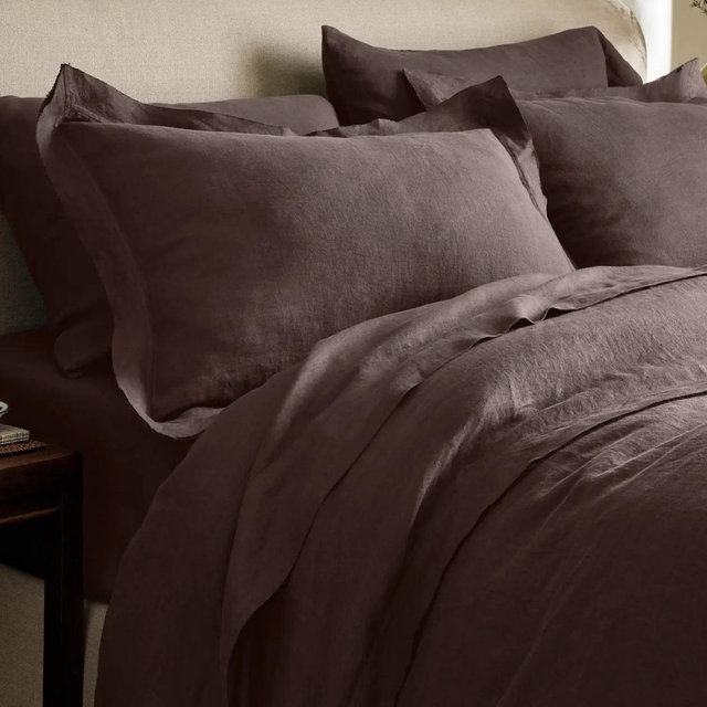 European Linen Double Flange Duvet Cover Set - Espresso, King/Cal King