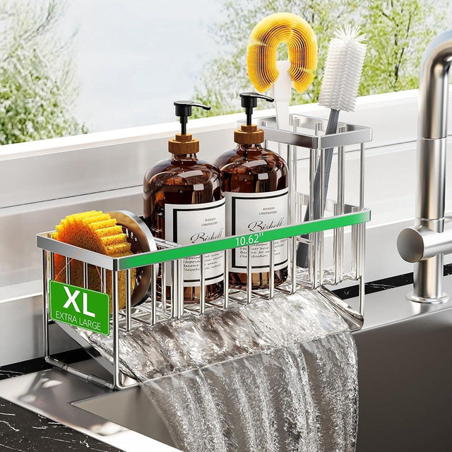 Cisily Extra Large Silver Kitchen Sink Caddy Organzier with High Brush Holder, Sponge Holder for Sink, 304 Rustproof Stainless, Kitchen Countertop Soap Dispenser Organizer For Decor and Accessories