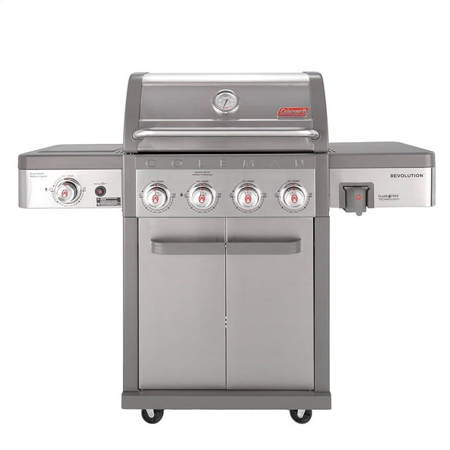 Coleman Revolution 4-Burner Gas Grill with Side Burner, 50,000 BTU Propane Grill with 680-Sq. In. Total Cooking Surface, Flare-Free Grates, and 4-Wheel Compact Cart, Portable BBQ in Stainless/Gray