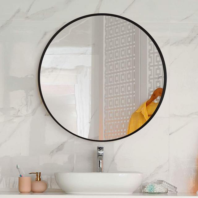Aluminium Frame Wall Mirror, Bathroom Mirror, Circle Mirror, Round Mirror, Decorative Mirror, Vanity Mirror, Makeup Mirror, Diameter 24", Black