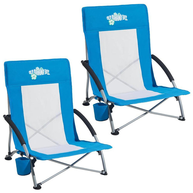 Old Bahama Bay Folding Beach Chair 2 Pack, Beach Chairs for Adults Low Beach Camping Chair with Cup Holder Mesh Back for Outdoor Fishing Sand Lawn, Supports up to 350lbs