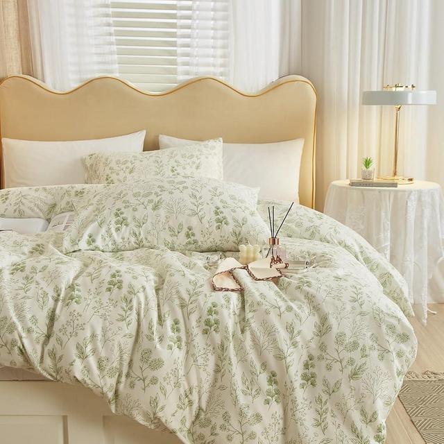 Garden Style Green Floral Comforter Set Queen White Soft Fluffy Microfiber Comforter Chic Floral Printed Bedding Set Vintage Flowers Leaves Botanical Comforter Set All Seasons Queen Comforter Set