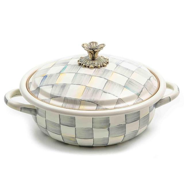 MACKENZIE-CHILDS Enamel Casserbole, Oven Baking Dish with Lid, Medium, Gray-and-White Sterling Check