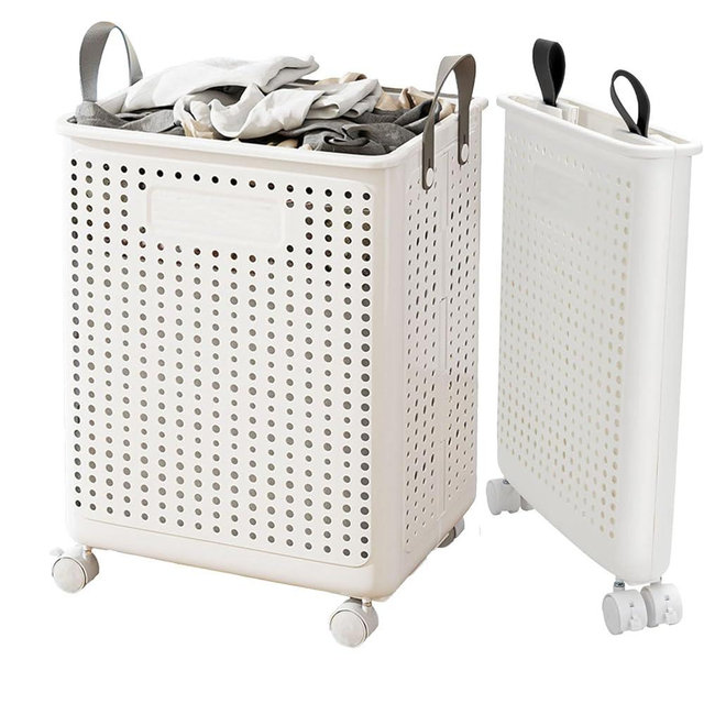 WESAJJ 55L Collapsible Large Laundry Hamper, laundry basket plastic,Laundry Basket with Wheels,Suitable for Bathroom, Bedroom, Dorm Room & Laundry Room,Basket with Handle (White)