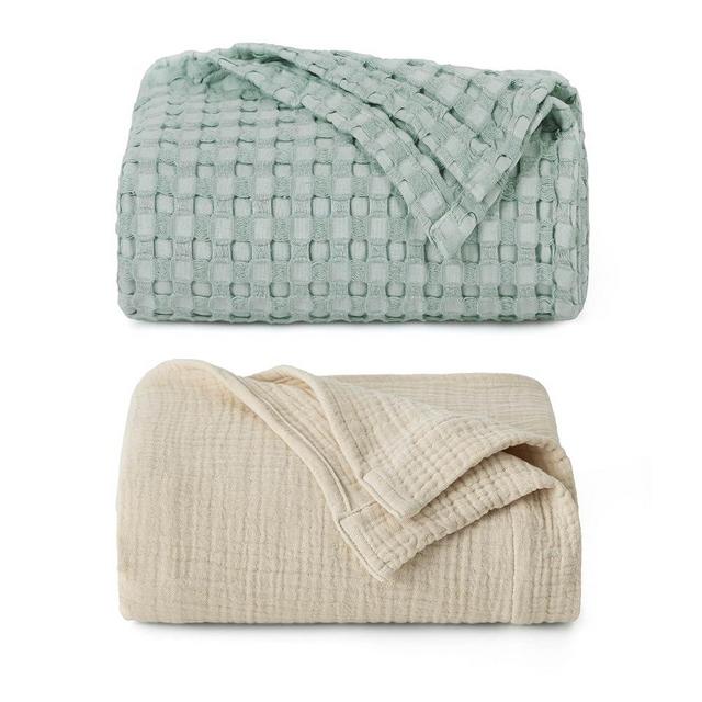 Bedsure Bundle of 1 Muslin Blanket King & 1 Waffle Blanket King
