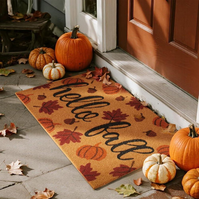TYUU Hello Fall Pumpkin Door Mat Autumn Welcome Mat for Front Door Outdoor Entrance Doormat Coir Dirt Trapper with Non Slip Backing,24x36, Maple Leaves