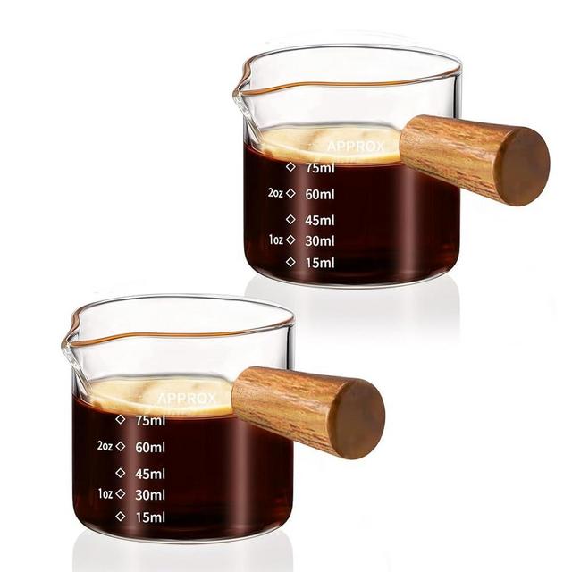 YARRAMATE 2 Pack Espresso Shots Cup with Wood Handle, Clear Glass Espresso Machine Accessories, Espresso Measuring Cup with Dual Scale, Espresso Shot Glass with Single Spout, 3.4 OZ /100 ML