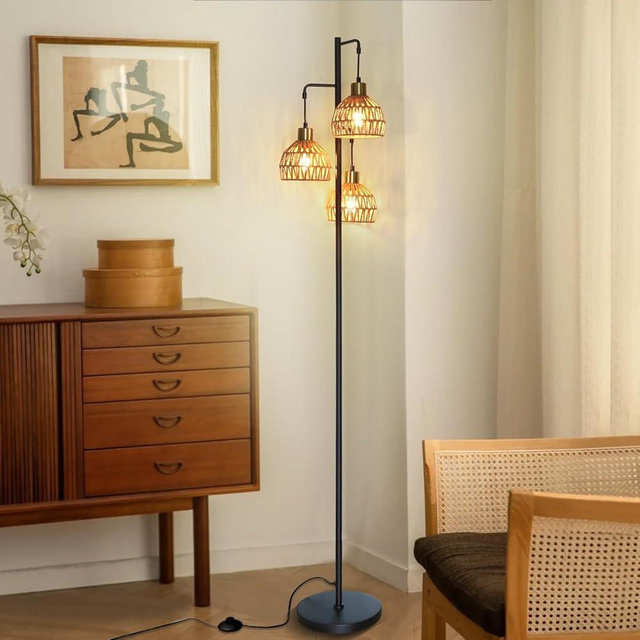 ShineMuse Boho Floor Lamp,Rattan Tree Floor Lights,3 LED Bulb Included,Black Pole,Gold Lamp Heads,Industrial Floor Lamps for Bedroom Living Room,67inch