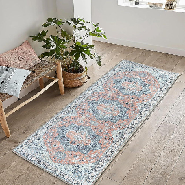 Bloom Rugs Washable Non-Slip 12 ft Runner - Coral/Blue Traditional Medallion Runner for Entryway, Hallway, Bathroom, and Kitchen - Exact Size: 2.5' x 12'