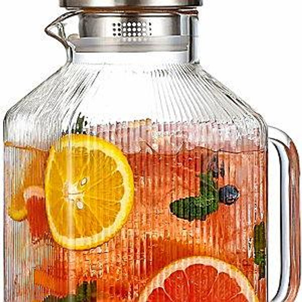 1 Gallon thickened Square Glass Pitcher with Lid, Classic Stripes Water Pitchers for Fridge, Borosilicate Glass Carafe for Hot/Cold Brew Drink, Extra Large Jug with Handle for Iced Tea, Coffee, Juice