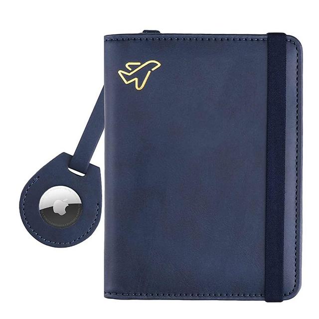 WALNEW AirTag Passport Holder and Vaccine Card Holder Combo, RFID Blocking Travel Passport Wallet with Vaccine Card Protector Slot and Airtag Protective Case (Navy Blue)